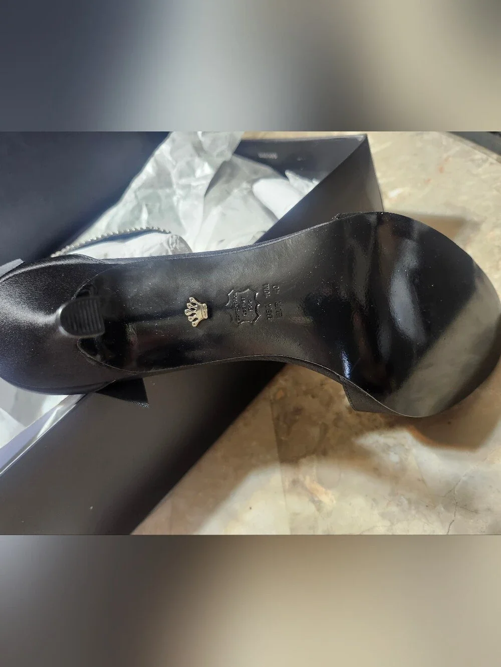 Nina Vinnie-LS  Black Satin Open-Toe Heels with Rinestone Ankle Strap With Bow